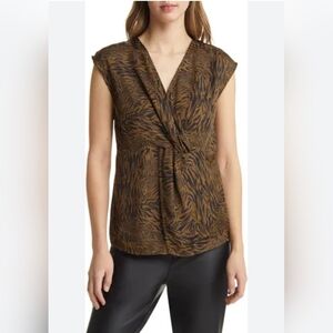 Halogen Twist Front Top Animal Print Olive and Black Sleeveless Size Small